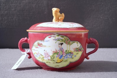 A Chinese famille rose ruby-ground two-handled bowl and cover, Yongzheng